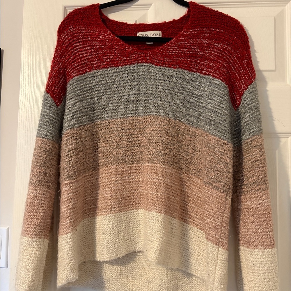 Knox Rose Women's Striped Sweater - Red, Gray, Pink, Cream
